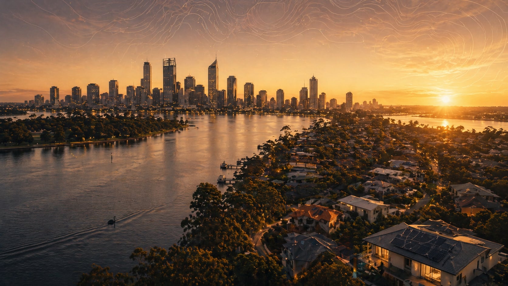 Aerial Perth at golden hour with Swan River + suburbs